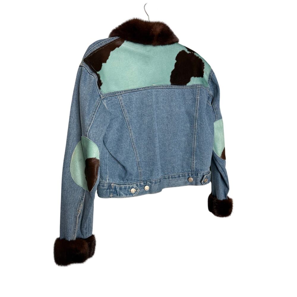 Jacket Happy by Debbie Clemens blue and brown cow hide denim‎ jacket fur lined - Picture 12 of 14